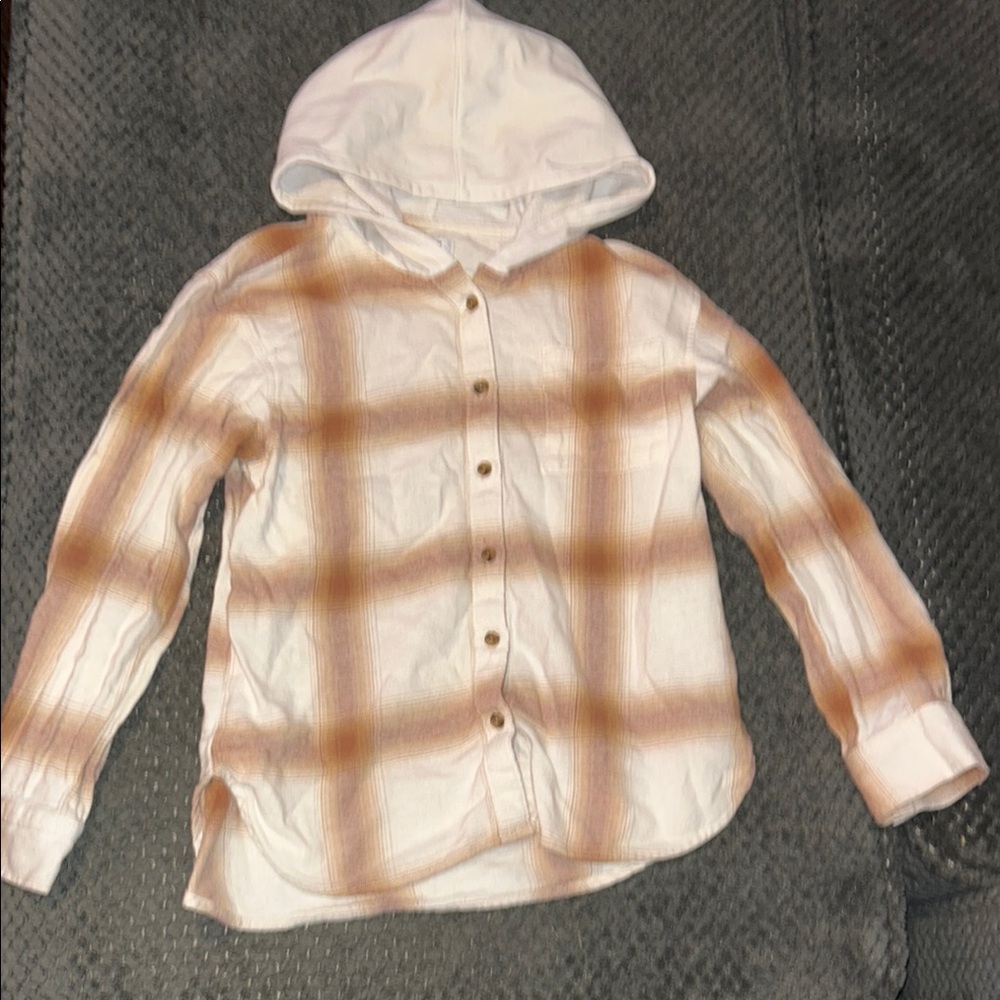 Kids Plaid Hooded Shirt - Beige and White